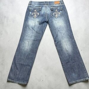 Marc Ecko Cut & Sew Mens 42x33  Straight Leg Jeans Fleur De Lis Embroidered Y2K